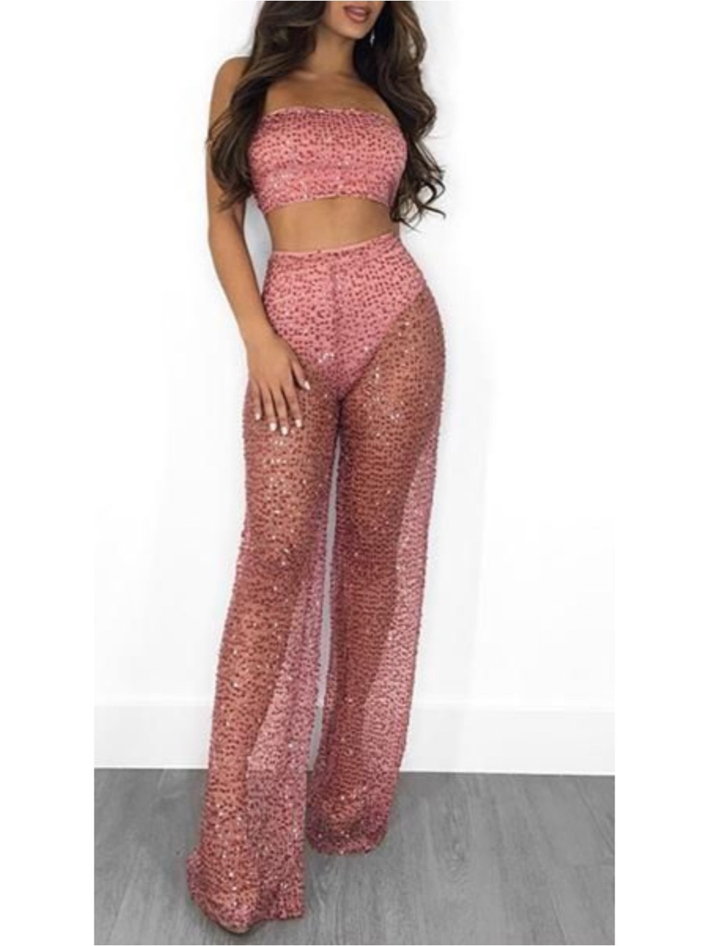 . Rose Pink Sheer Sequin Sleeveless Bandeau Crop Top & High Waist Palazzo Pants - Picture 7 of 14